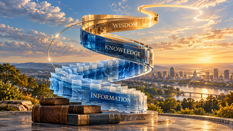 A rising spiral sculpture labeled Information, Knowledge and Wisdom stands against a sunlit city skyline, illustrating the progression toward wisdom.