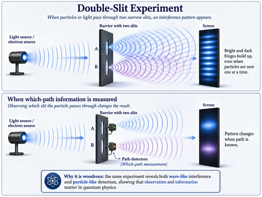 Double Slit experiment. When particles or light pass through two narrow slits, an interference pattern appears. From light source/electron source to a barrier with two slits to a screen. When which-path information is measured (Observing which slit the particle passes through changes the result.) Light source/electron source to barrier with two slits and path detectors to a screen with pattern changes when path is known.
Why it is wondrous: the same experiment reveals both wave-like interference and particle-like detection, showing that observation and information matter in quantum physics.