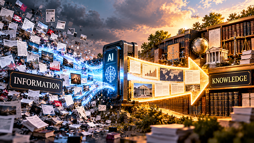 Scraps of paper, documents, and images flow into a large machine labeled "AI" and emerge as organized articles leading toward a sign labeled "Knowledge."